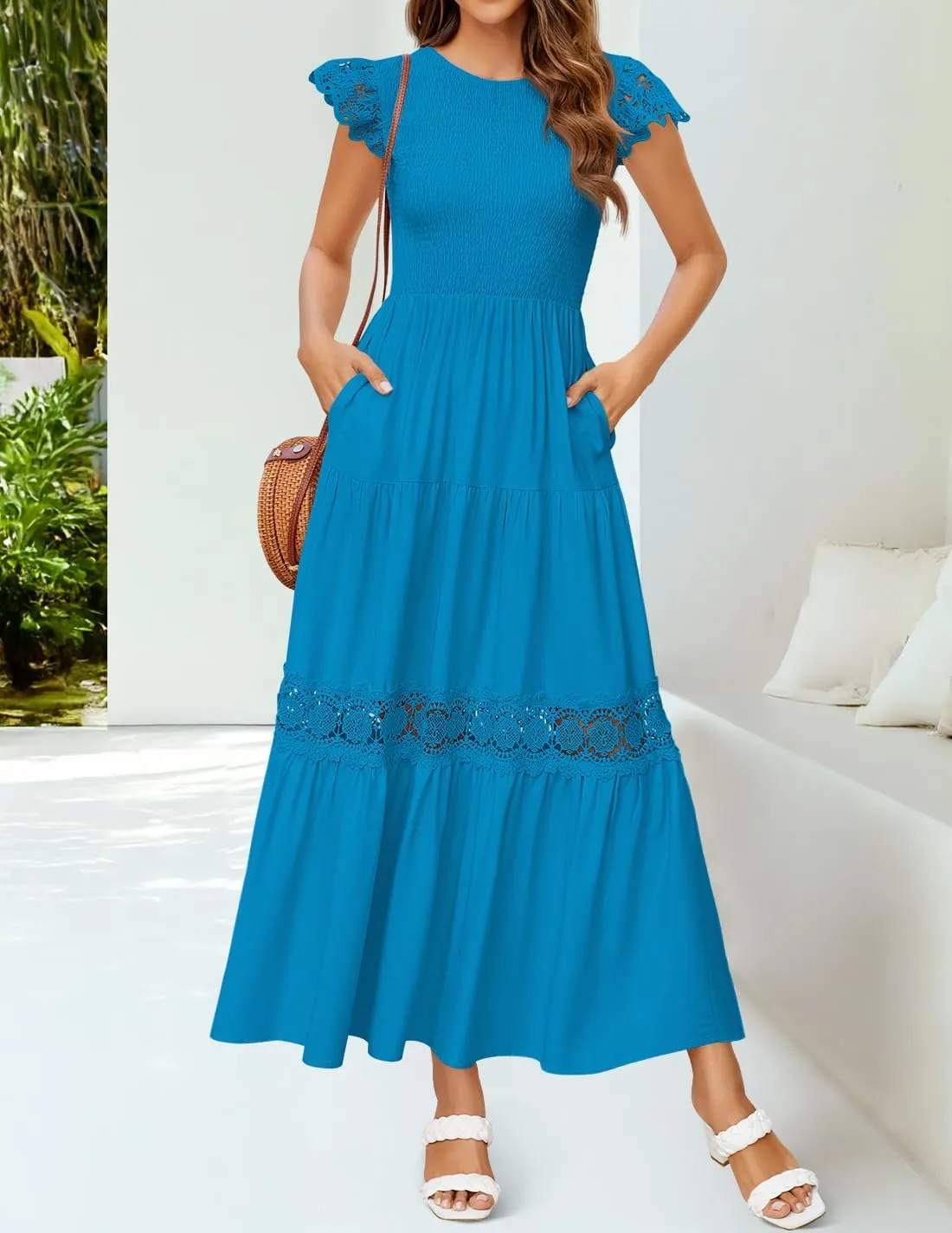 ZESICA Women's Casual Crew Neck Flutter Sleeve Smocked High Waist Hollow Out Lace Trim Tiered A Line Midi Dress