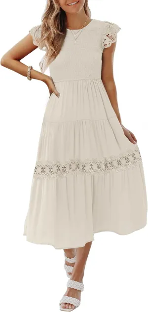 ZESICA Women's Casual Crew Neck Flutter Sleeve Smocked High Waist Hollow Out Lace Trim Tiered A Line Midi Dress