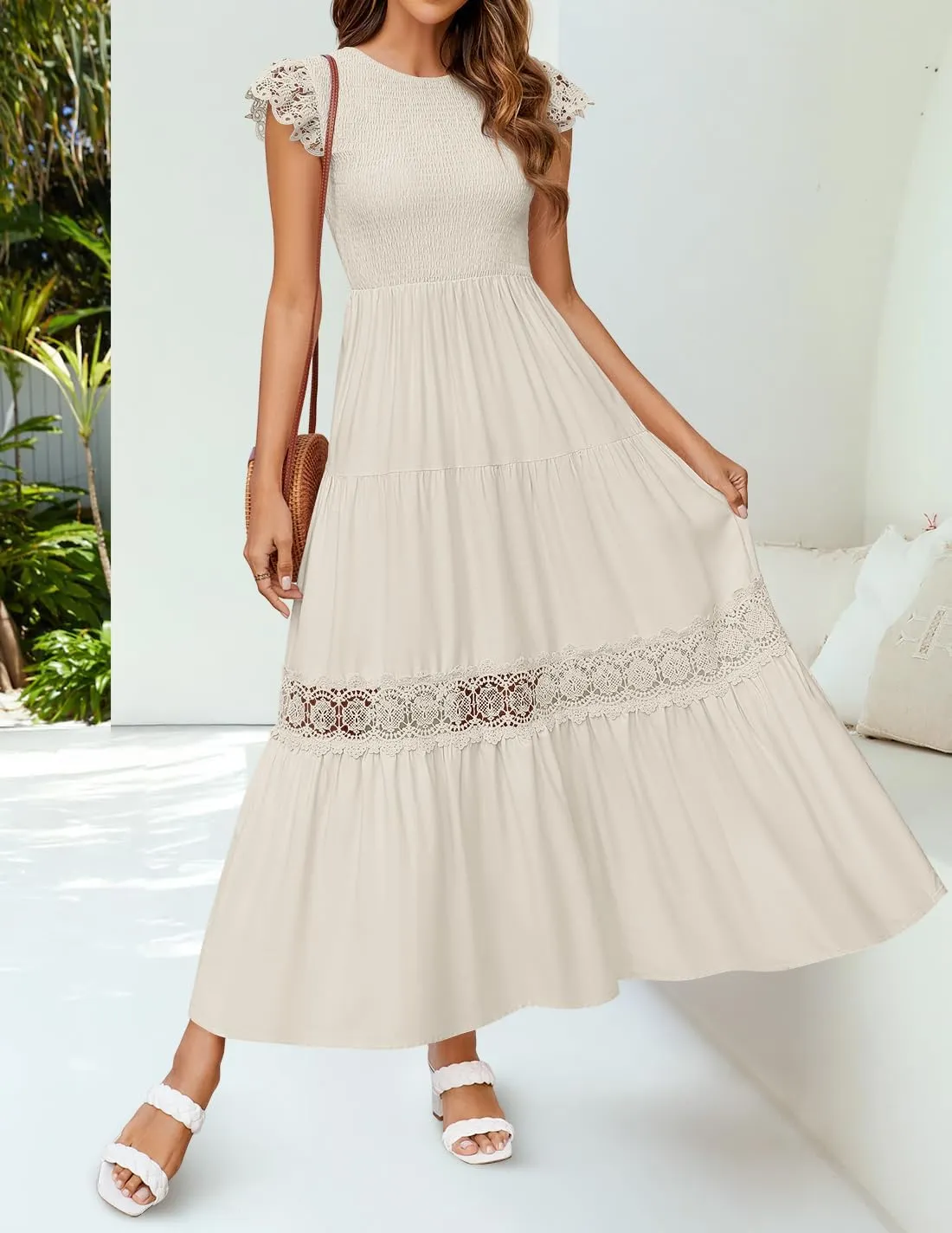 ZESICA Women's Casual Crew Neck Flutter Sleeve Smocked High Waist Hollow Out Lace Trim Tiered A Line Midi Dress