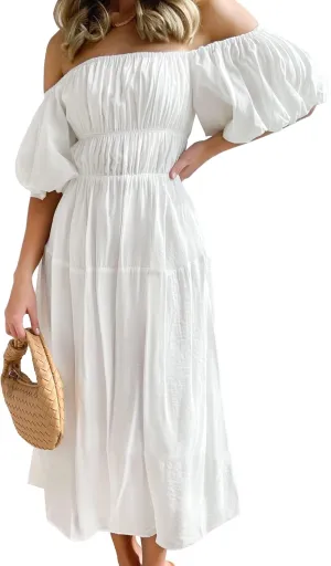 ZESICA Women's Sexy Boho Off Shoulder Puff Short Sleeve High Waist Ruffled Flowy A Line Beach Party Midi Dress