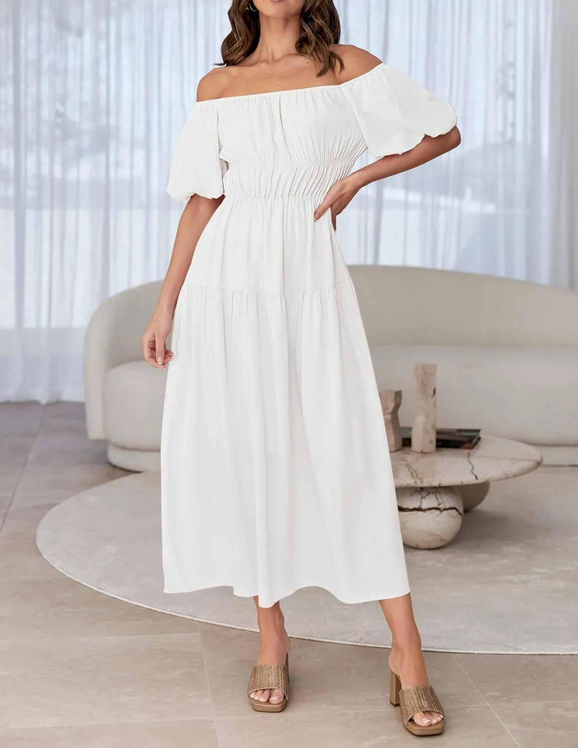 ZESICA Women's Sexy Boho Off Shoulder Puff Short Sleeve High Waist Ruffled Flowy A Line Beach Party Midi Dress