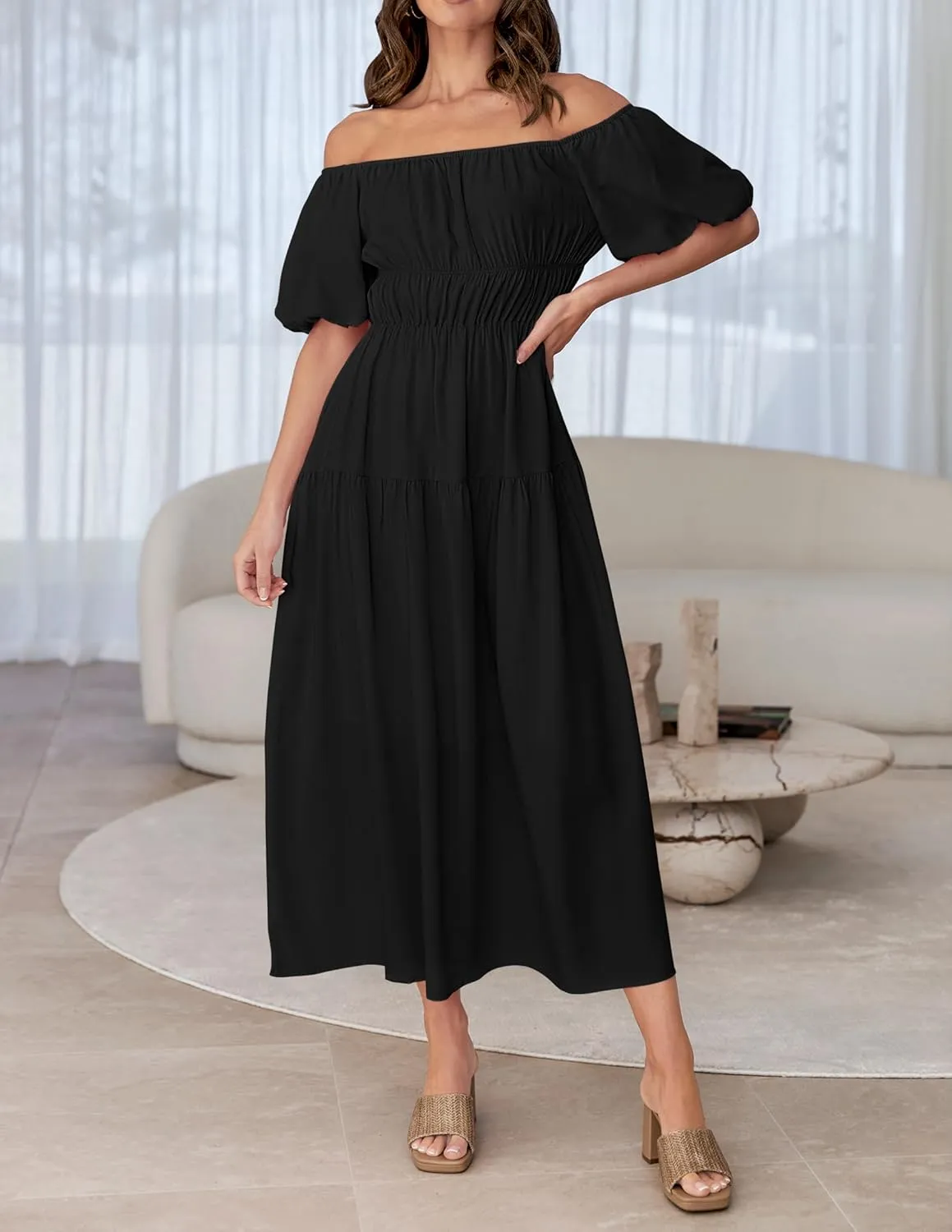 ZESICA Women's Sexy Boho Off Shoulder Puff Short Sleeve High Waist Ruffled Flowy A Line Beach Party Midi Dress