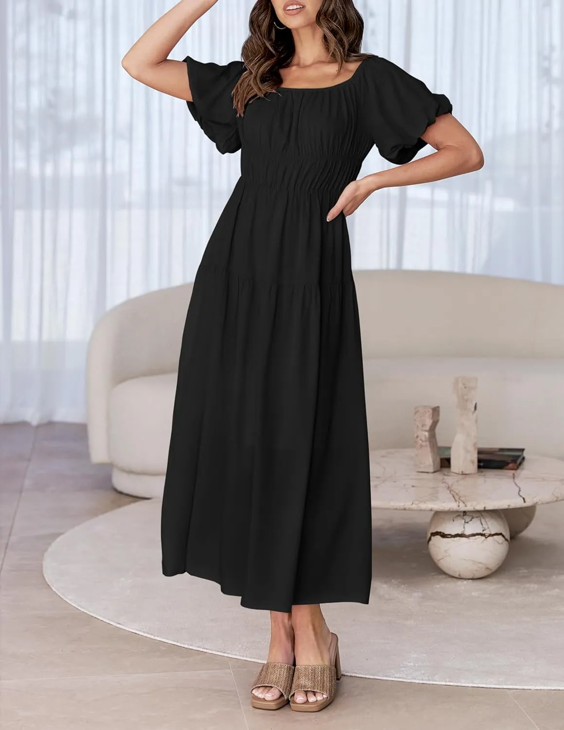 ZESICA Women's Sexy Boho Off Shoulder Puff Short Sleeve High Waist Ruffled Flowy A Line Beach Party Midi Dress