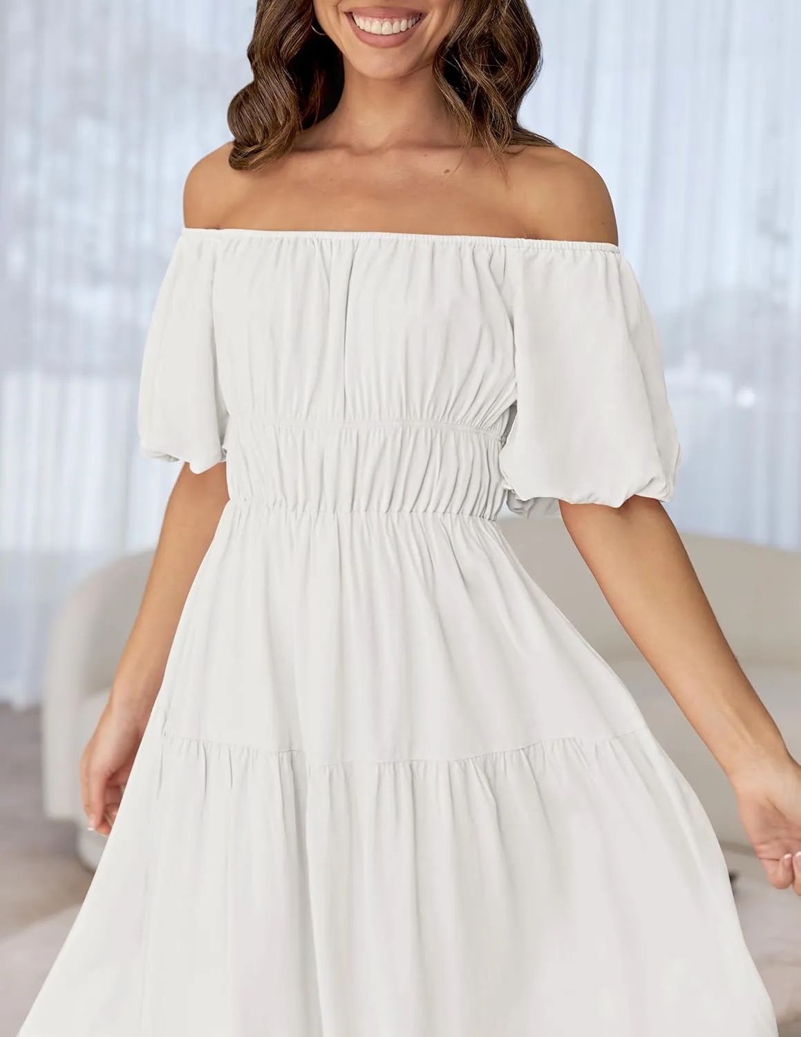 ZESICA Women's Sexy Boho Off Shoulder Puff Short Sleeve High Waist Ruffled Flowy A Line Beach Party Midi Dress