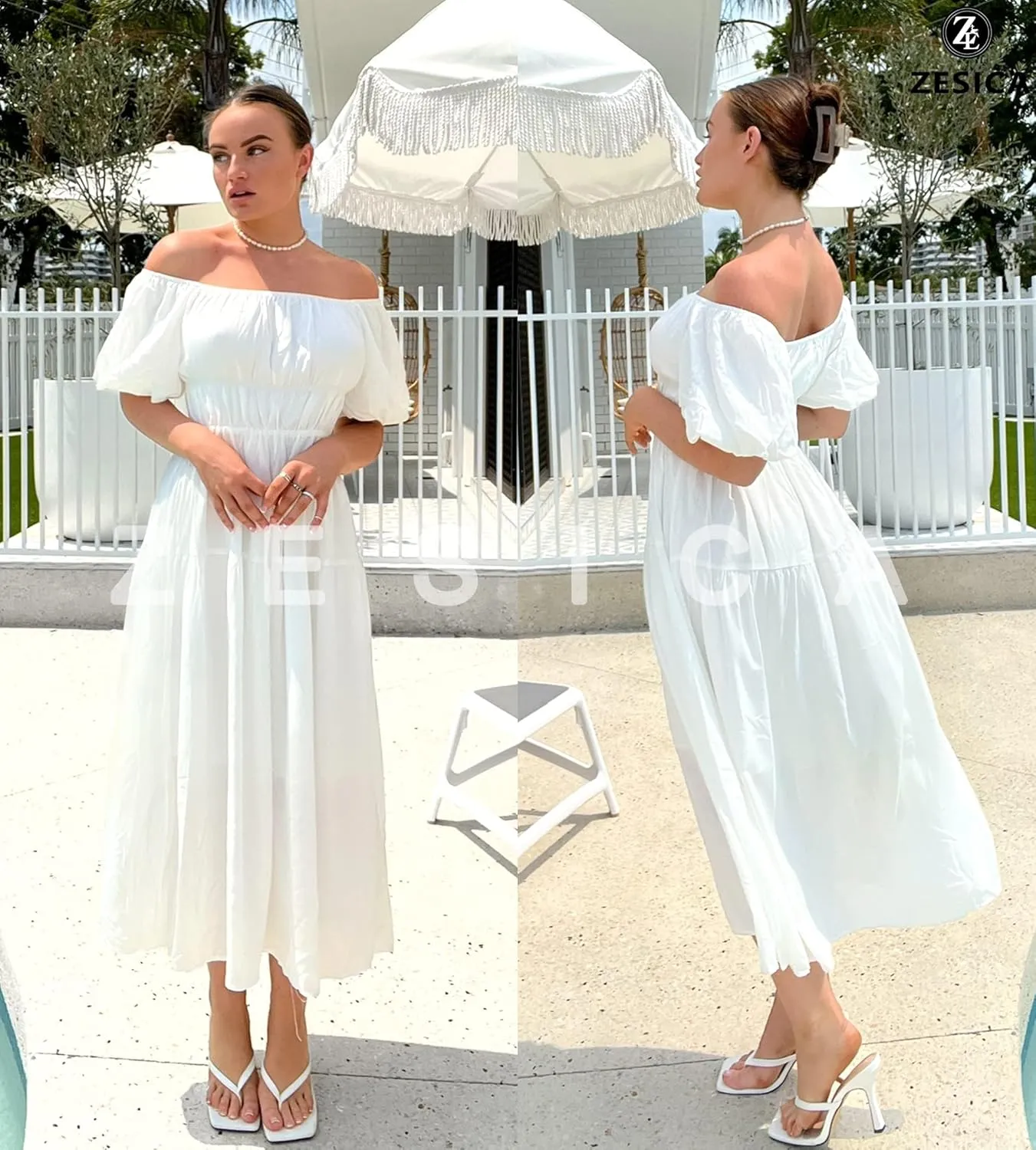 ZESICA Women's Sexy Boho Off Shoulder Puff Short Sleeve High Waist Ruffled Flowy A Line Beach Party Midi Dress
