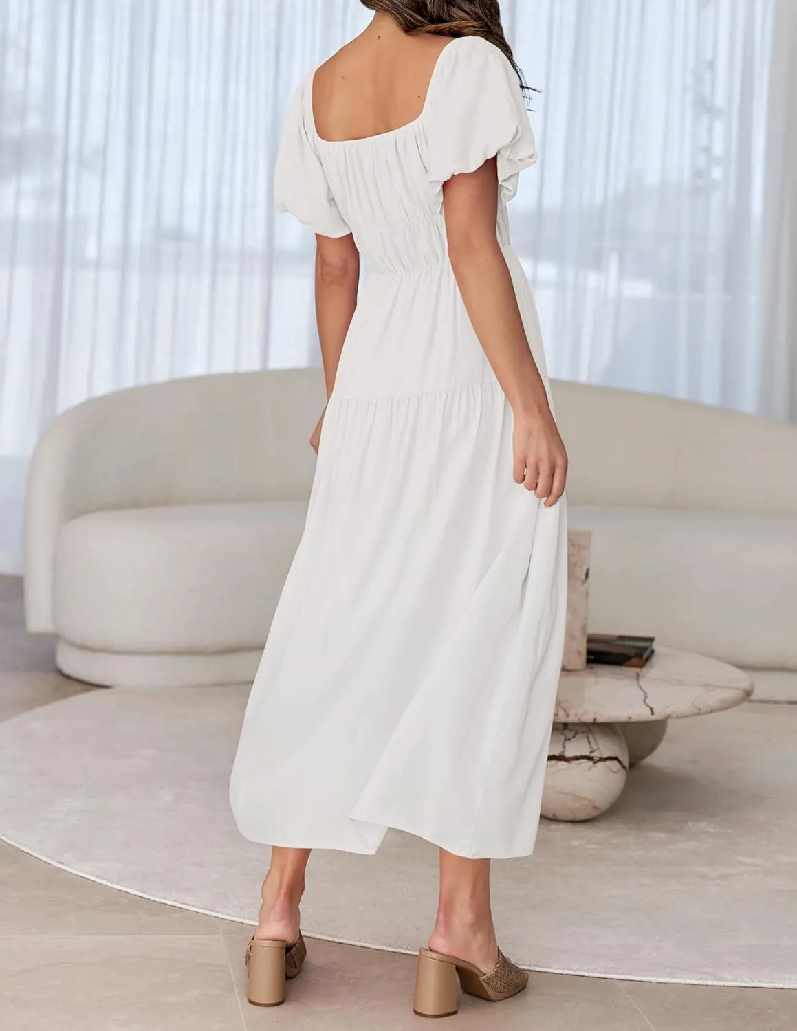 ZESICA Women's Sexy Boho Off Shoulder Puff Short Sleeve High Waist Ruffled Flowy A Line Beach Party Midi Dress