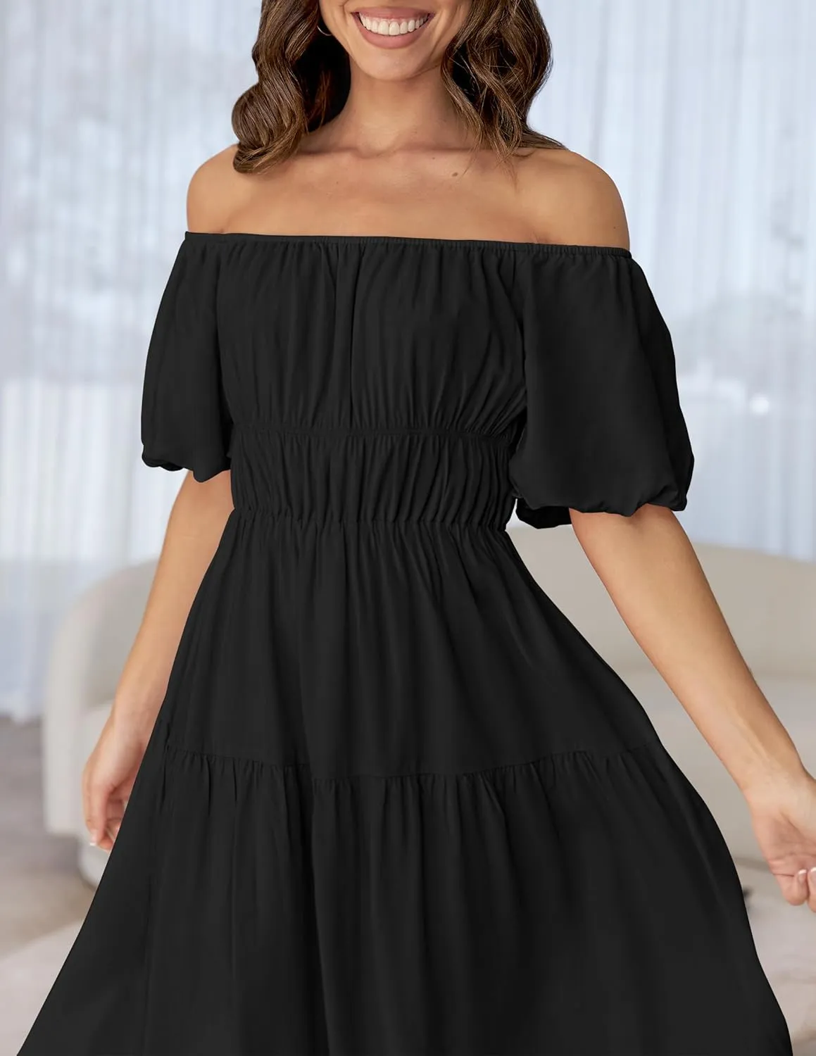 ZESICA Women's Sexy Boho Off Shoulder Puff Short Sleeve High Waist Ruffled Flowy A Line Beach Party Midi Dress