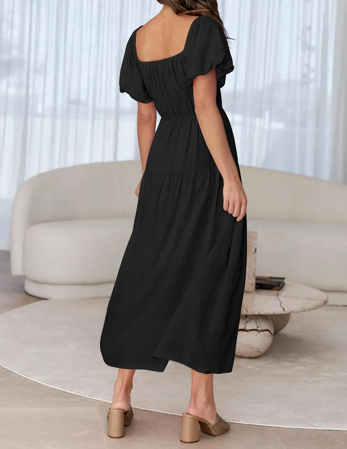 ZESICA Women's Sexy Boho Off Shoulder Puff Short Sleeve High Waist Ruffled Flowy A Line Beach Party Midi Dress