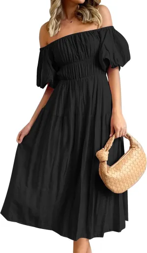 ZESICA Women's Sexy Boho Off Shoulder Puff Short Sleeve High Waist Ruffled Flowy A Line Beach Party Midi Dress