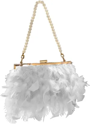 ZiMing Women Evening Handbags Natural Feather Clutch Purses Buckle Lock Wallet Formal Party Bags (Pearl Strap & Chain Strap)