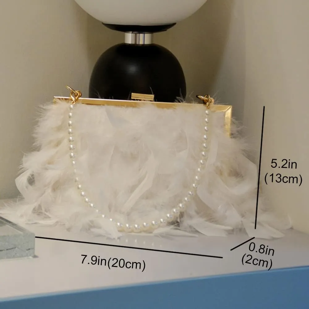 ZiMing Women Evening Handbags Natural Feather Clutch Purses Buckle Lock Wallet Formal Party Bags (Pearl Strap & Chain Strap)