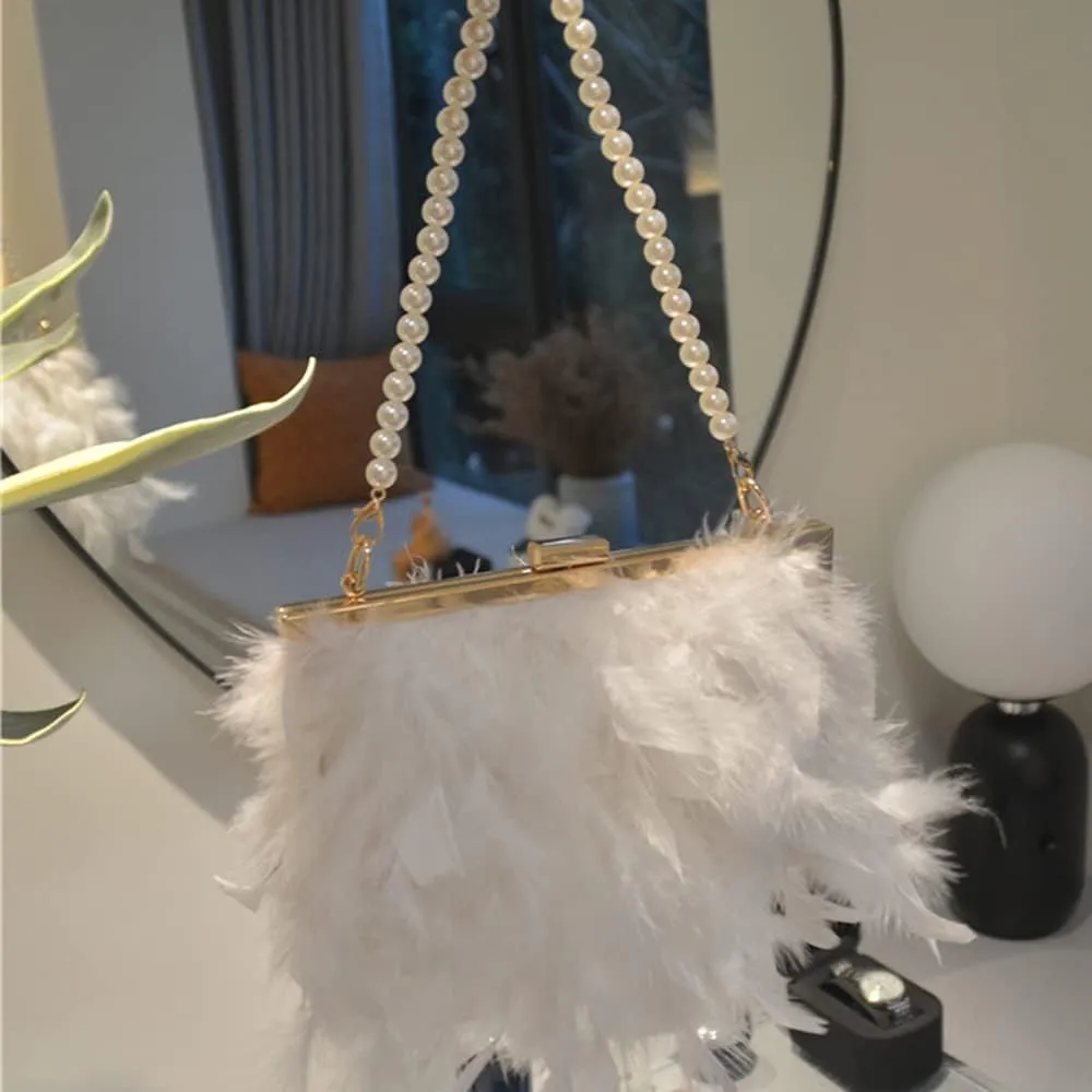 ZiMing Women Evening Handbags Natural Feather Clutch Purses Buckle Lock Wallet Formal Party Bags (Pearl Strap & Chain Strap)