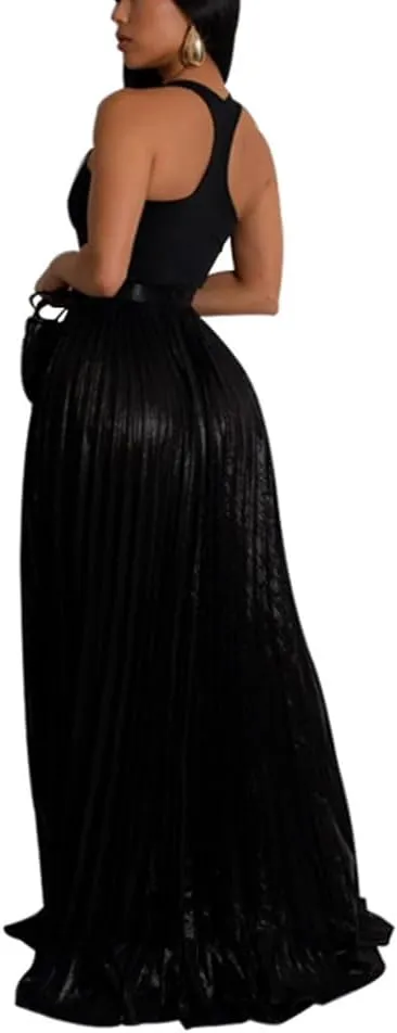 ZOCAVIA Womens 2 Piece Outfits Elegant Metallic Pleated Skirt Tank Maxi Skirts Skirt Set Sexy High Slit Sequin Long Skirt
