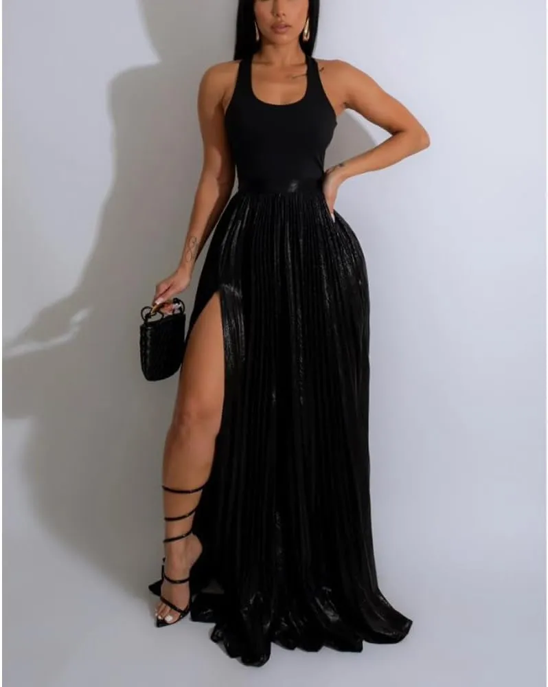 ZOCAVIA Womens 2 Piece Outfits Elegant Metallic Pleated Skirt Tank Maxi Skirts Skirt Set Sexy High Slit Sequin Long Skirt