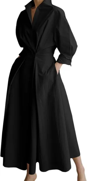 ZOCAVIA Women's Cotton Linen Maxi Shirt Dress Plus Size Work Dressy Long Sleeve Lapel Button Pleated Dress with Pockets