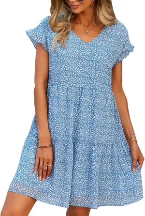 ZOCAVIA Women's Summer Boho Floral Mini Dress Wrap V Neck Ruffle Cap Sleeve A-Line Dresse Flowy Sun Dress Beach Dress