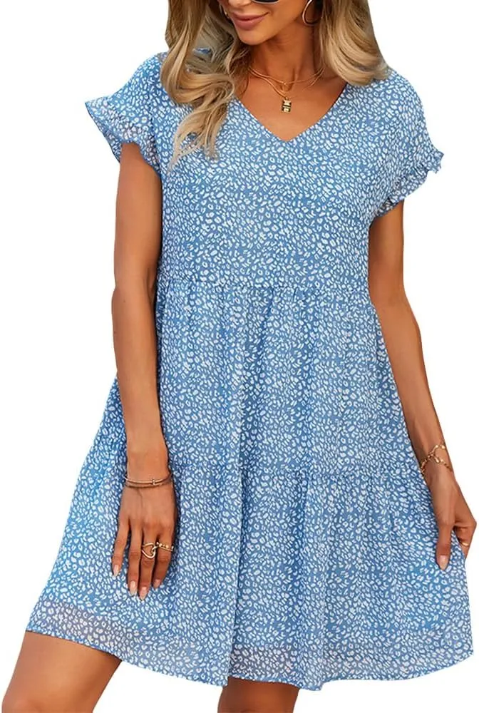 ZOCAVIA Women's Summer Boho Floral Mini Dress Wrap V Neck Ruffle Cap Sleeve A-Line Dresse Flowy Sun Dress Beach Dress