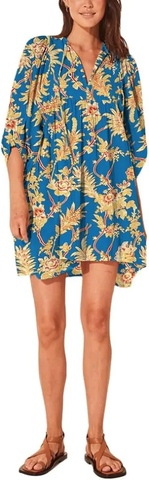 ZOCAVIA Women's Summer Flowy Beach Dresses Loose Floral Print V Neck Lantern Sleeve Boho Dress Ruffle Ruched Mini Dress
