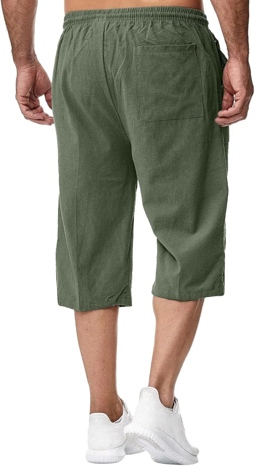 ZWRXW Men's Long Linen Shorts Casual Summer Beach Below Knee Length Pocketed 3/4 Drawstring Capri Pant