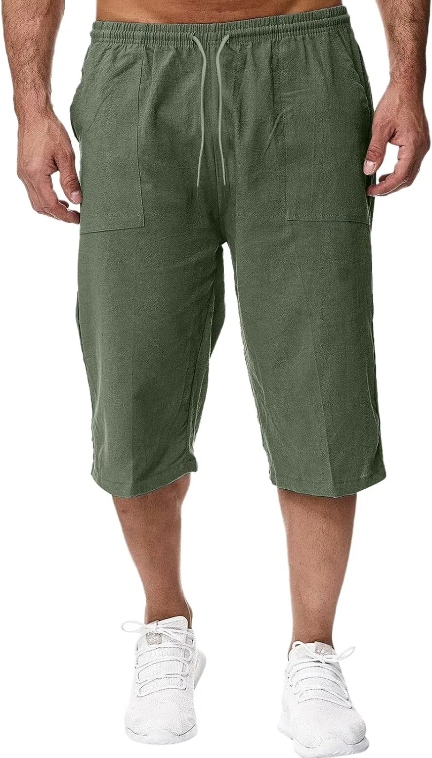 ZWRXW Men's Long Linen Shorts Casual Summer Beach Below Knee Length Pocketed 3/4 Drawstring Capri Pant