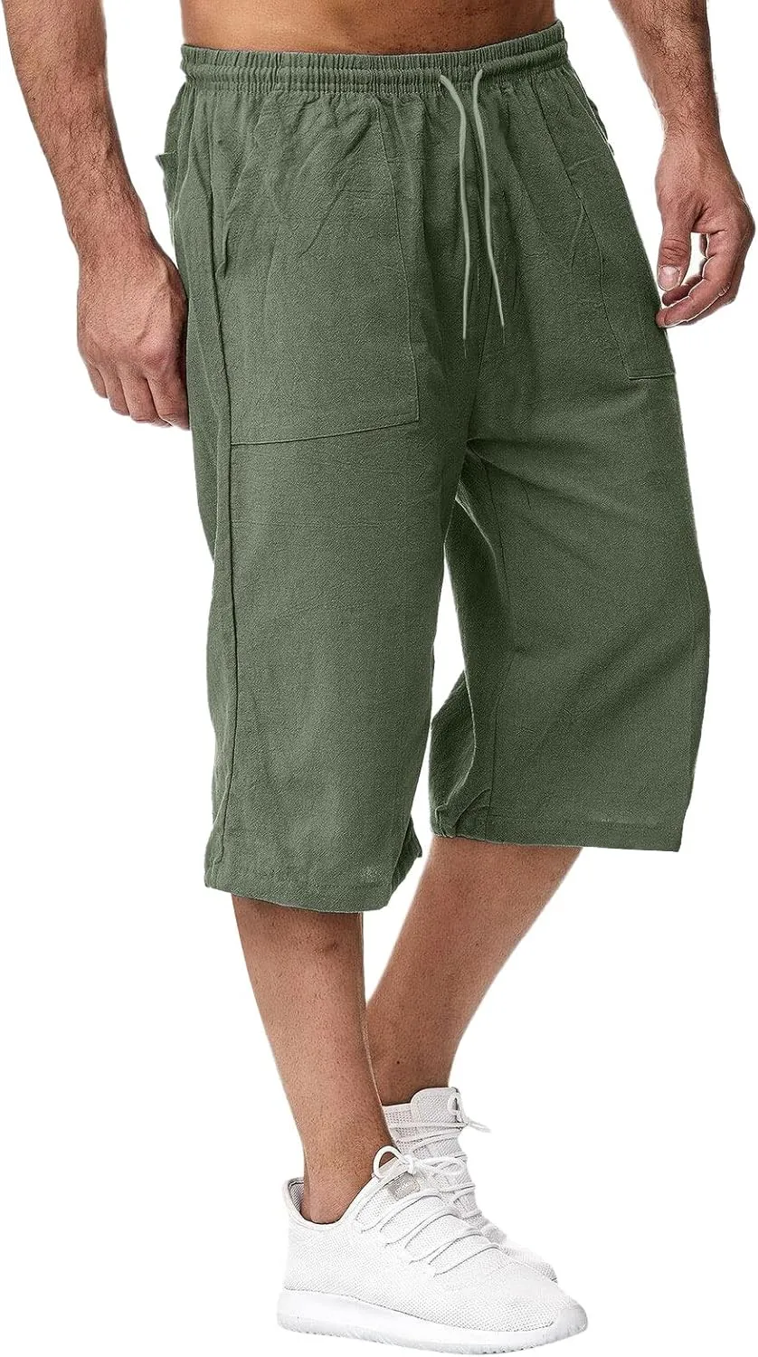 ZWRXW Men's Long Linen Shorts Casual Summer Beach Below Knee Length Pocketed 3/4 Drawstring Capri Pant